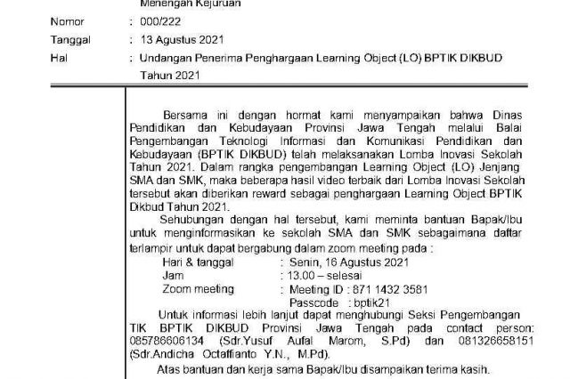 Penghargaan Learning Object (LO) BPTIK Dikbud Jateng 2021-Maulida Azkiya Rahmawati, S.Pd.